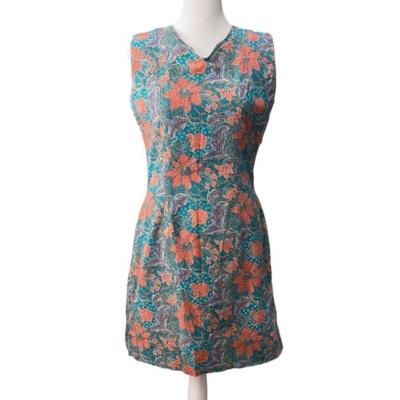 Vintage 70s Talon Blue Sleeveless V Neck Back Zip Slit Floral Dress small 4 - Picture 1 of 16